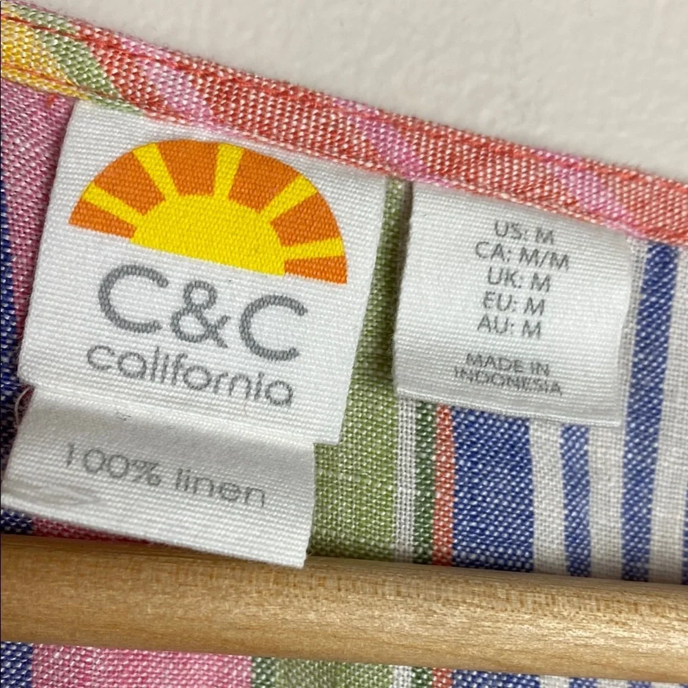 C&C California Rainbow Stripe Linen Blouse Colorful Short Sleeve Top Size M - Picture 4 of 8